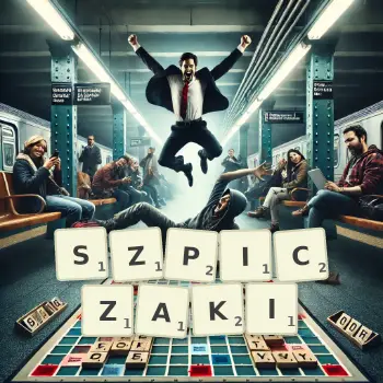 Kreatywna ilustracja do gry w Scrabble ze słowem SZPICZAKI ułożonym z płytek na planszy.