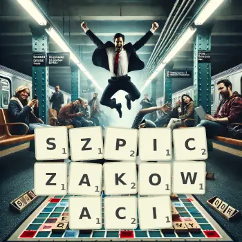 Kreatywna ilustracja do gry w Scrabble ze słowem SZPICZAKOWACI ułożonym z płytek na planszy.