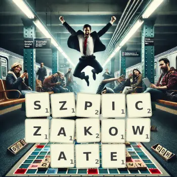 Kreatywna ilustracja do gry w Scrabble ze słowem SZPICZAKOWATE ułożonym z płytek na planszy.