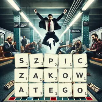 Kreatywna ilustracja do gry w Scrabble ze słowem SZPICZAKOWATEGO ułożonym z płytek na planszy.