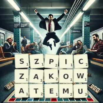 Kreatywna ilustracja do gry w Scrabble ze słowem SZPICZAKOWATEMU ułożonym z płytek na planszy.