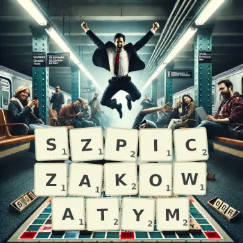 Kreatywna ilustracja do gry w Scrabble ze słowem SZPICZAKOWATYM ułożonym z płytek na planszy.