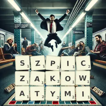 Kreatywna ilustracja do gry w Scrabble ze słowem SZPICZAKOWATYMI ułożonym z płytek na planszy.