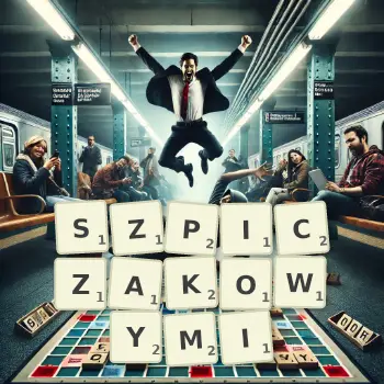 Kreatywna ilustracja do gry w Scrabble ze słowem SZPICZAKOWYMI ułożonym z płytek na planszy.