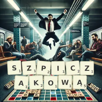 Kreatywna ilustracja do gry w Scrabble ze słowem SZPICZAKOWĄ ułożonym z płytek na planszy.