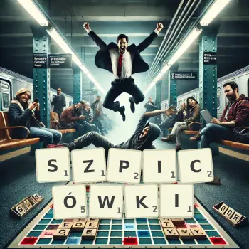 Kreatywna ilustracja do gry w Scrabble ze słowem SZPICÓWKI ułożonym z płytek na planszy.
