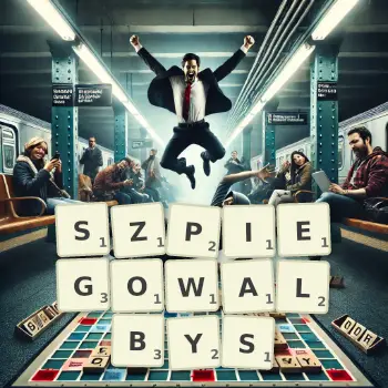 Kreatywna ilustracja do gry w Scrabble ze słowem SZPIEGOWALBYS ułożonym z płytek na planszy.
