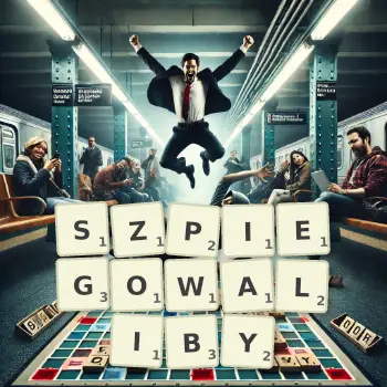 Kreatywna ilustracja do gry w Scrabble ze słowem SZPIEGOWALIBY ułożonym z płytek na planszy.