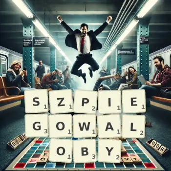 Kreatywna ilustracja do gry w Scrabble ze słowem SZPIEGOWALOBY ułożonym z płytek na planszy.