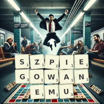 Kreatywna ilustracja do gry w Scrabble ze słowem SZPIEGOWANEMU ułożonym z płytek na planszy.