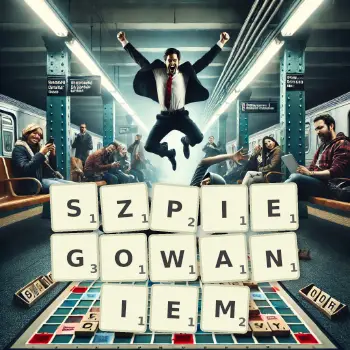 Kreatywna ilustracja do gry w Scrabble ze słowem SZPIEGOWANIEM ułożonym z płytek na planszy.