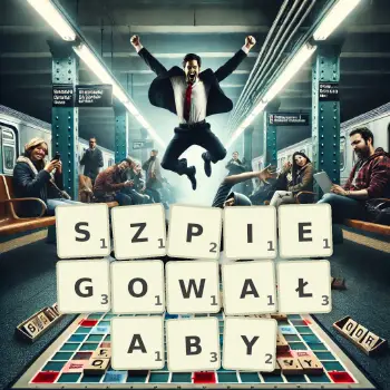 Kreatywna ilustracja do gry w Scrabble ze słowem SZPIEGOWAŁABY ułożonym z płytek na planszy.