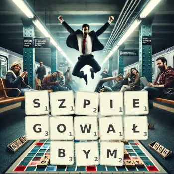 Kreatywna ilustracja do gry w Scrabble ze słowem SZPIEGOWAŁBYM ułożonym z płytek na planszy.