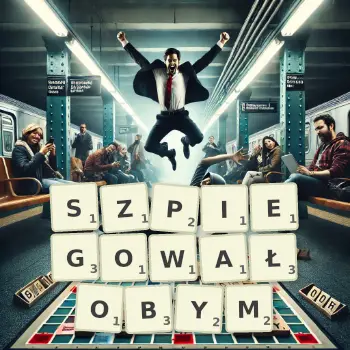 Kreatywna ilustracja do gry w Scrabble ze słowem SZPIEGOWAŁOBYM ułożonym z płytek na planszy.