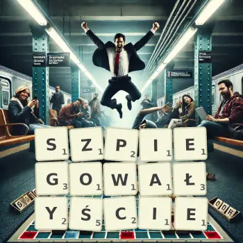 Kreatywna ilustracja do gry w Scrabble ze słowem SZPIEGOWAŁYŚCIE ułożonym z płytek na planszy.