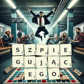 Kreatywna ilustracja do gry w Scrabble ze słowem SZPIEGUJĄCEGO ułożonym z płytek na planszy.