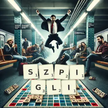 Kreatywna ilustracja do gry w Scrabble ze słowem SZPIGLI ułożonym z płytek na planszy.