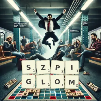 Kreatywna ilustracja do gry w Scrabble ze słowem SZPIGLOM ułożonym z płytek na planszy.