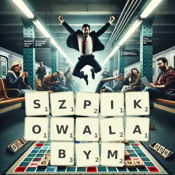 Kreatywna ilustracja do gry w Scrabble ze słowem SZPIKOWALABYM ułożonym z płytek na planszy.