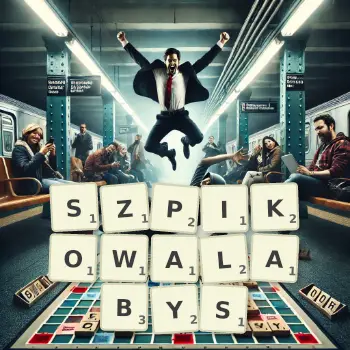 Kreatywna ilustracja do gry w Scrabble ze słowem SZPIKOWALABYS ułożonym z płytek na planszy.