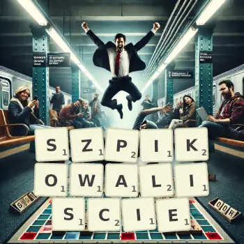 Kreatywna ilustracja do gry w Scrabble ze słowem SZPIKOWALISCIE ułożonym z płytek na planszy.