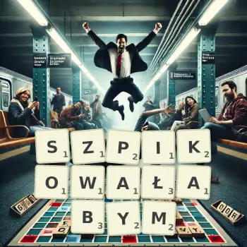 Kreatywna ilustracja do gry w Scrabble ze słowem SZPIKOWAŁABYM ułożonym z płytek na planszy.