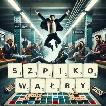 Kreatywna ilustracja do gry w Scrabble ze słowem SZPIKOWAŁBY ułożonym z płytek na planszy.