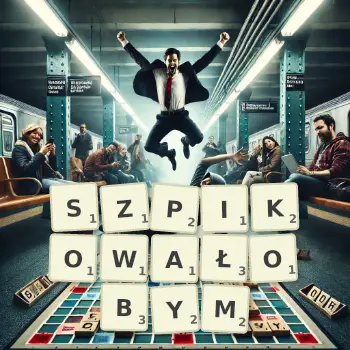 Kreatywna ilustracja do gry w Scrabble ze słowem SZPIKOWAŁOBYM ułożonym z płytek na planszy.