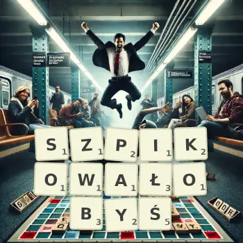 Kreatywna ilustracja do gry w Scrabble ze słowem SZPIKOWAŁOBYŚ ułożonym z płytek na planszy.