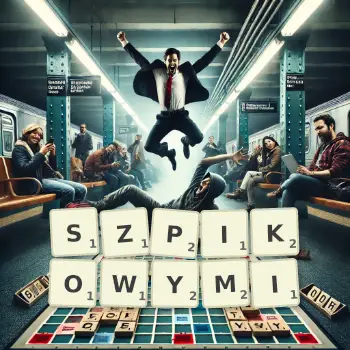 Kreatywna ilustracja do gry w Scrabble ze słowem SZPIKOWYMI ułożonym z płytek na planszy.