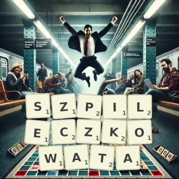 Kreatywna ilustracja do gry w Scrabble ze słowem SZPILECZKOWATA ułożonym z płytek na planszy.
