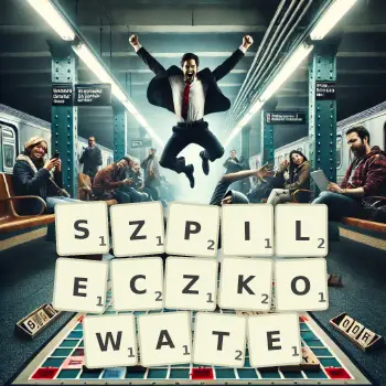 Kreatywna ilustracja do gry w Scrabble ze słowem SZPILECZKOWATE ułożonym z płytek na planszy.