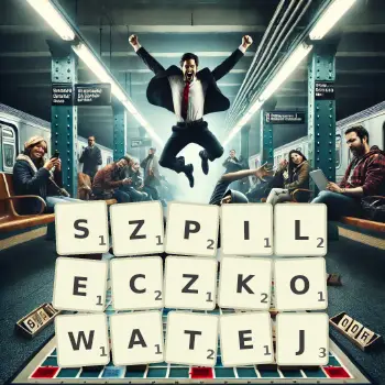 Kreatywna ilustracja do gry w Scrabble ze słowem SZPILECZKOWATEJ ułożonym z płytek na planszy.