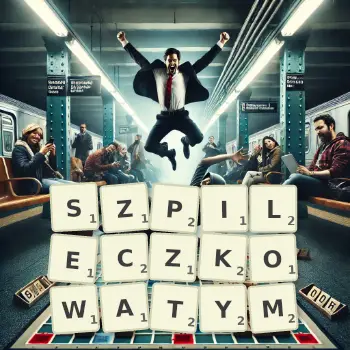 Kreatywna ilustracja do gry w Scrabble ze słowem SZPILECZKOWATYM ułożonym z płytek na planszy.