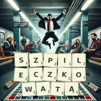 Kreatywna ilustracja do gry w Scrabble ze słowem SZPILECZKOWATĄ ułożonym z płytek na planszy.