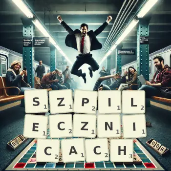 Kreatywna ilustracja do gry w Scrabble ze słowem SZPILECZNICACH ułożonym z płytek na planszy.