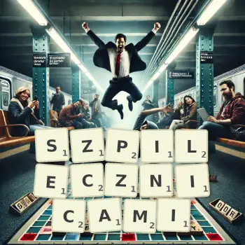 Kreatywna ilustracja do gry w Scrabble ze słowem SZPILECZNICAMI ułożonym z płytek na planszy.