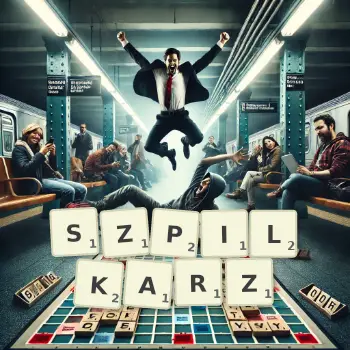 Kreatywna ilustracja do gry w Scrabble ze słowem SZPILKARZ ułożonym z płytek na planszy.