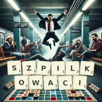Kreatywna ilustracja do gry w Scrabble ze słowem SZPILKOWACI ułożonym z płytek na planszy.