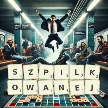 Kreatywna ilustracja do gry w Scrabble ze słowem SZPILKOWANEJ ułożonym z płytek na planszy.