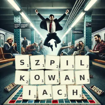 Kreatywna ilustracja do gry w Scrabble ze słowem SZPILKOWANIACH ułożonym z płytek na planszy.