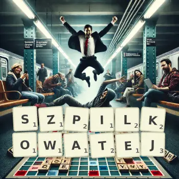 Kreatywna ilustracja do gry w Scrabble ze słowem SZPILKOWATEJ ułożonym z płytek na planszy.