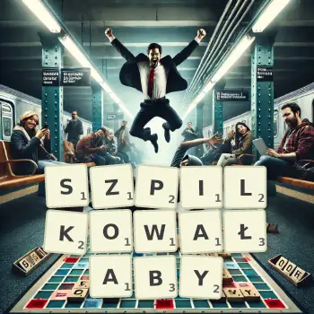 Kreatywna ilustracja do gry w Scrabble ze słowem SZPILKOWAŁABY ułożonym z płytek na planszy.