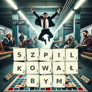 Kreatywna ilustracja do gry w Scrabble ze słowem SZPILKOWAŁBYM ułożonym z płytek na planszy.