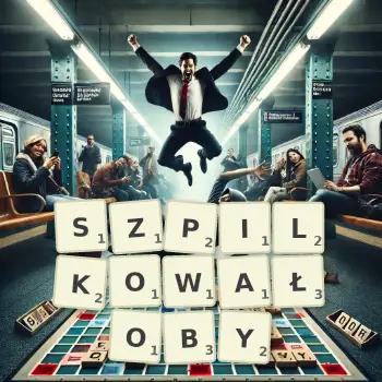Kreatywna ilustracja do gry w Scrabble ze słowem SZPILKOWAŁOBY ułożonym z płytek na planszy.