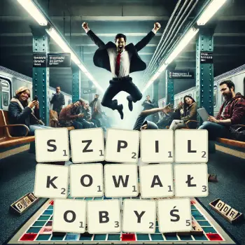 Kreatywna ilustracja do gry w Scrabble ze słowem SZPILKOWAŁOBYŚ ułożonym z płytek na planszy.