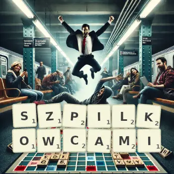 Kreatywna ilustracja do gry w Scrabble ze słowem SZPILKOWCAMI ułożonym z płytek na planszy.