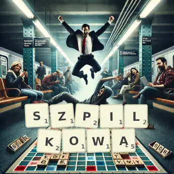 Kreatywna ilustracja do gry w Scrabble ze słowem SZPILKOWĄ ułożonym z płytek na planszy.