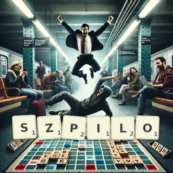 Kreatywna ilustracja do gry w Scrabble ze słowem SZPILO ułożonym z płytek na planszy.
