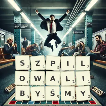 Kreatywna ilustracja do gry w Scrabble ze słowem SZPILOWALIBYŚMY ułożonym z płytek na planszy.